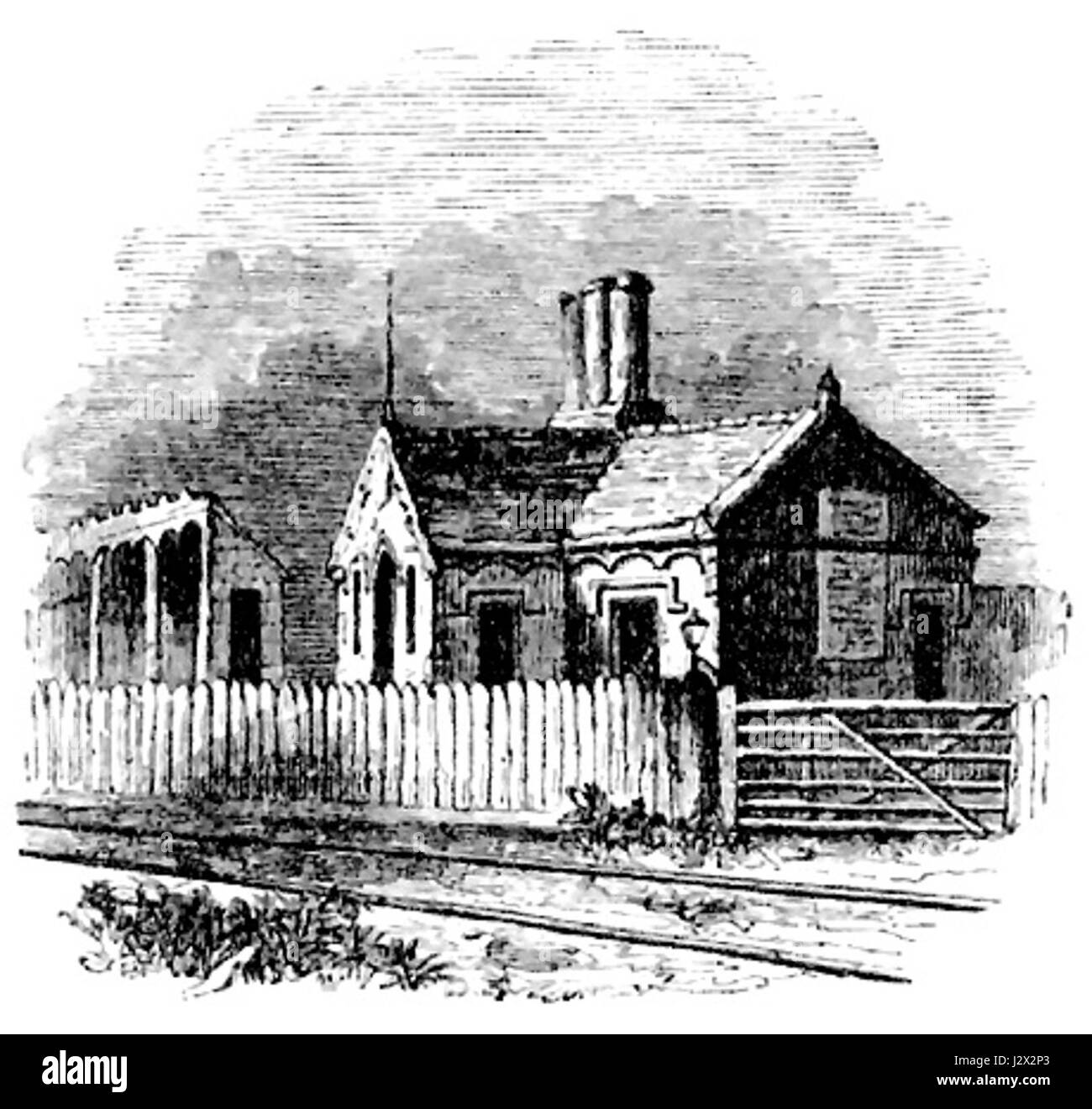 Questa immagine cattura la stazione ferroviaria di Beeston come è apparsa nel 1840, evidenziando le caratteristiche architettoniche della stazione e il suo ruolo nel trasporto del XIX secolo. Foto Stock