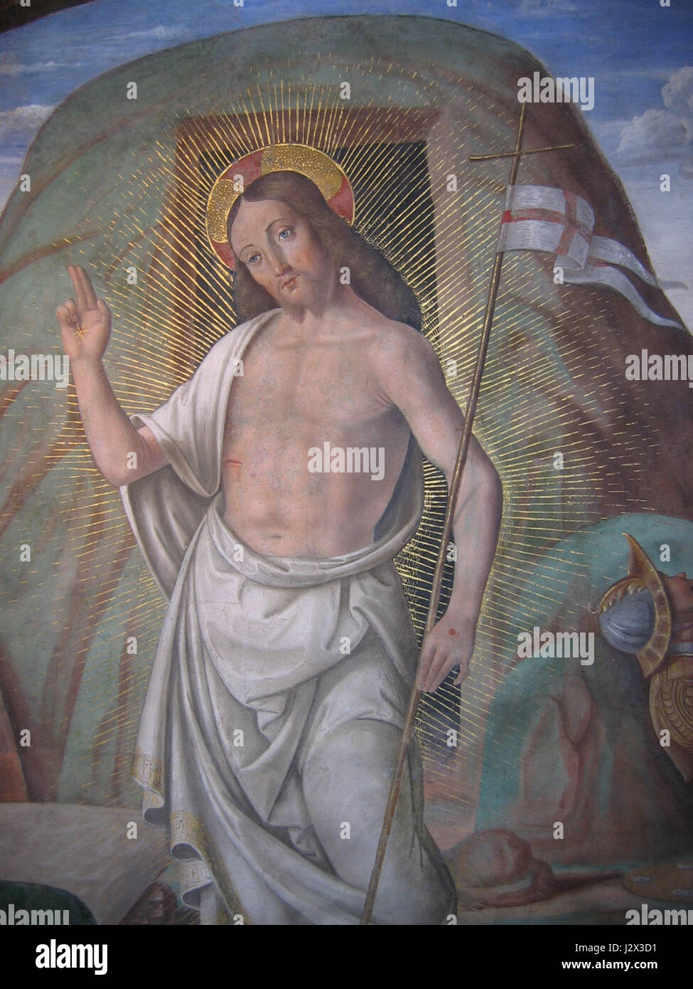 Questo titolo si riferisce probabilmente a un'opera d'arte o a una raffigurazione religiosa nella Cappella di Tiranni a Cagli, in Italia, che mostra un dipinto o una scultura "Cristo risorto" (Cristo risorto). Foto Stock