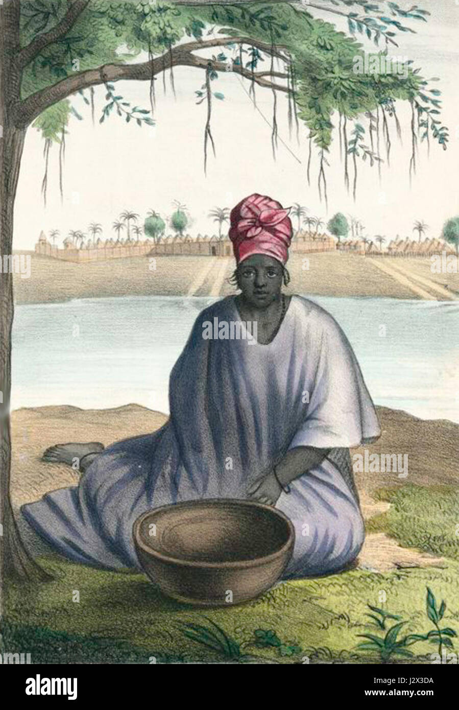 Boilat-07-Femme mandingue raffigura una scena tradizionale che mostra una donna Manding nel suo abbigliamento nativo. L'immagine illustra il significato culturale attraverso il suo abbigliamento e la sua postura, evidenziando i distinti elementi visivi del gruppo etnico Manding. Foto Stock