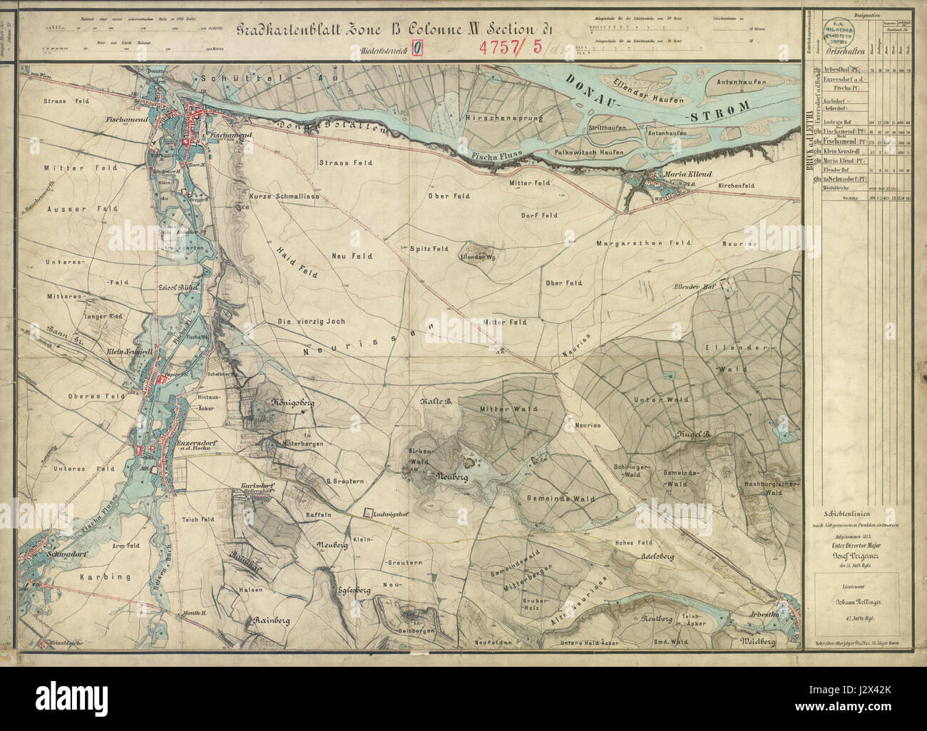 Per "Aufnahmeblatt 4757-4a" si intende una mappa catastale della zona intorno a Fischamend e Schwadorf, città austriache, utilizzata per la registrazione dei terreni e l'identificazione dei beni. Foto Stock