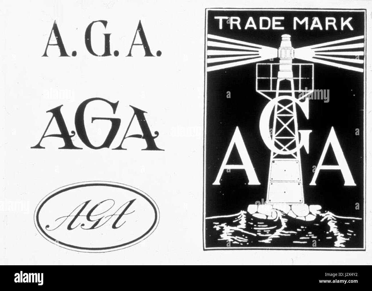 Il logotipo AGA è un emblema utilizzato dalla società AGA, nota per la sua produzione di stufe e forni di alta qualità. Il vecchio logo rappresenta la lunga storia del marchio e la sua evoluzione nel settore manifatturiero, in particolare per gli elettrodomestici e le attrezzature per la cucina. Foto Stock