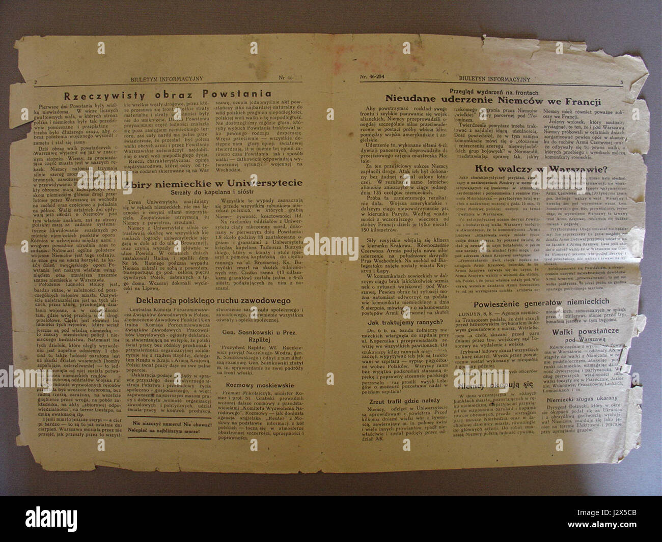 Biuletyn Informacyjny è stato un giornale clandestino polacco pubblicato durante la seconda guerra mondiale, fornendo informazioni e aggiornamenti sulla resistenza. Il numero 254 contiene articoli dalle pagine 2-3. Foto Stock