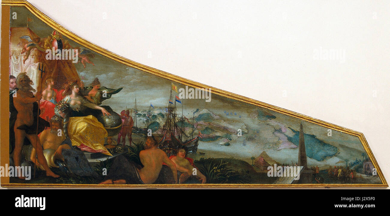 Questo dipinto allegorico del XVII secolo del Rijksmuseum ritrae Amsterdam come il centro del commercio mondiale, raffigurante la sua importanza durante il secolo d'oro olandese. Il dipinto simboleggia il significato economico e culturale della città. Foto Stock