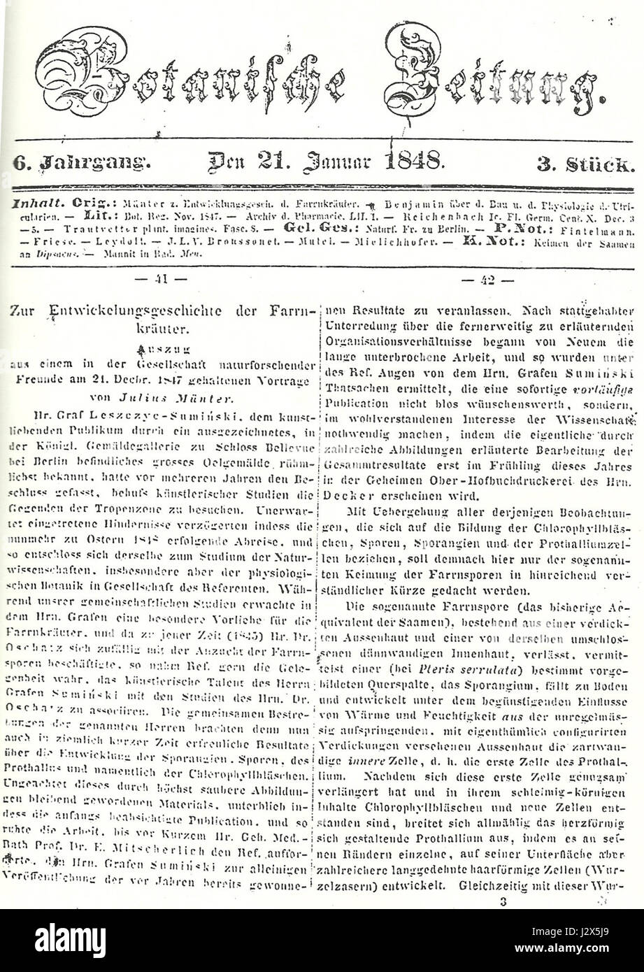 Botanische Zeitung 21.01.1848 Foto Stock
