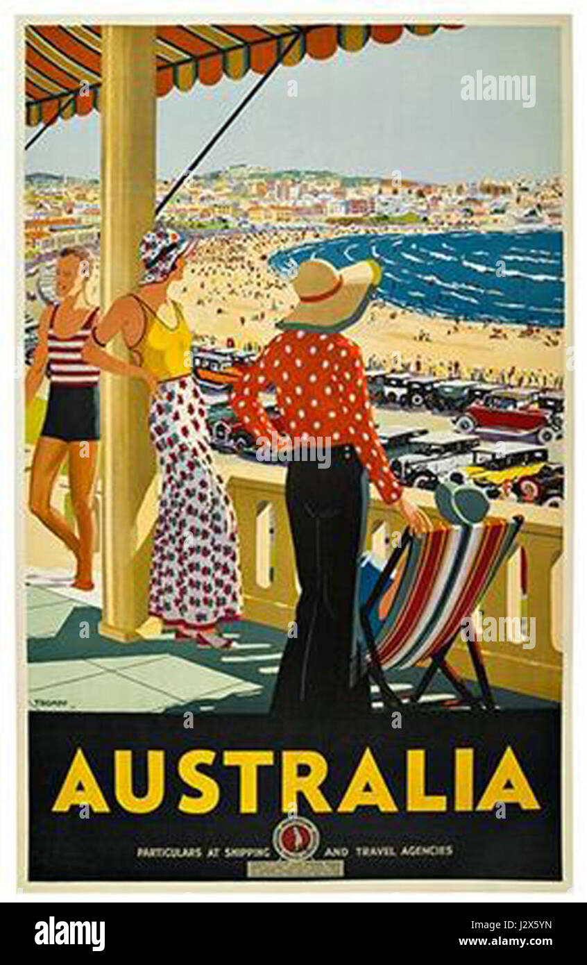 Un poster vintage del 1930 con Bondi Beach in Australia, che mostra la sua iconica cultura sulla spiaggia. Le opere d'arte catturano l'essenza della spiaggia con colori luminosi e un'atmosfera vivace, enfatizzando il fascino della posizione durante quell'epoca. Foto Stock