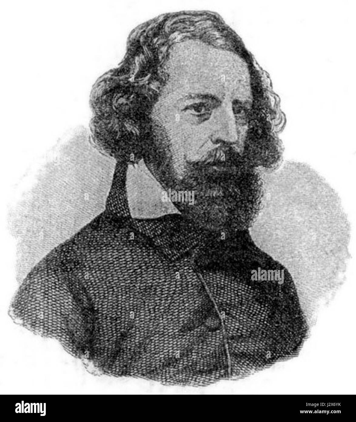 Alfred Tennyson, uno dei poeti più influenti dell'epoca vittoriana, è meglio conosciuto per le sue opere come "The Charge of the Light Brigade" e "Idylls of the King". La sua poesia esplorava spesso temi della natura, della perdita e della morale, e fu nominato poeta laureato del Regno Unito. I contributi di Tennyson alla letteratura inglese sono celebrati per la loro profondità emotiva e padronanza della forma. Foto Stock