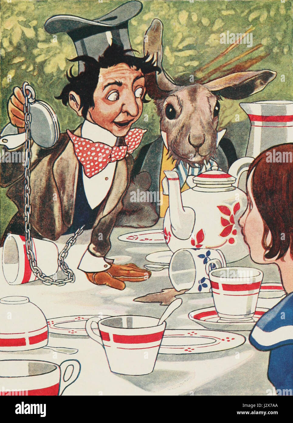 Questa illustrazione tratta da "Alice's Adventures in Wonderland" di Lewis Carroll mostra il momento in cui il coniglio bianco interroga Alice sul giorno del mese. Il libro è rinomato per i suoi personaggi stravaganti e per i dialoghi insensati. Foto Stock
