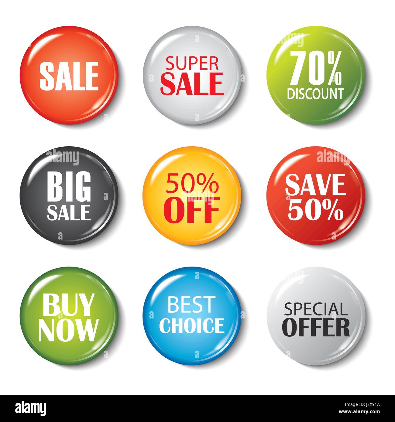 Set di pulsanti di vendita e distintivi. Prodotti in promozione Grande vendita, offerte speciali, 70% di sconto. Illustrazione Vettoriale