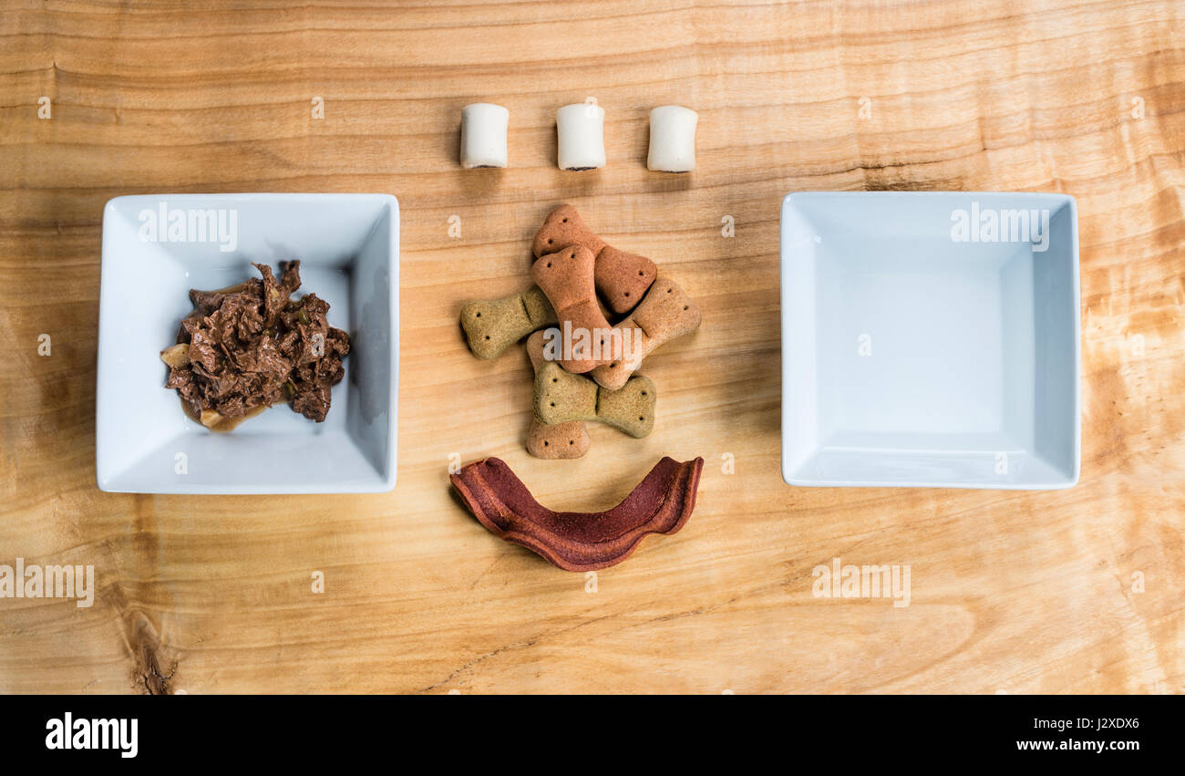Cibo per cani in un piatto nero rettangolare su una tavola di legno servito in modo molto chic. Foto Stock