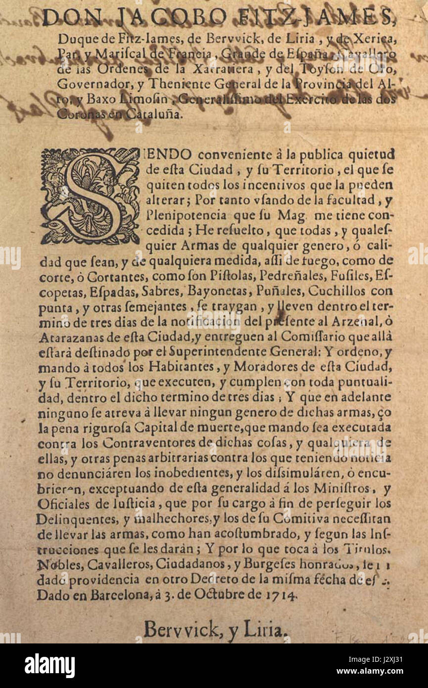 Un documento storico intitolato "bando Desarme Berwick", che si riferisce probabilmente a un ordine di disarmo emesso nella città di Berwick, relativo al disarmo militare o civile in uno specifico contesto storico. Foto Stock