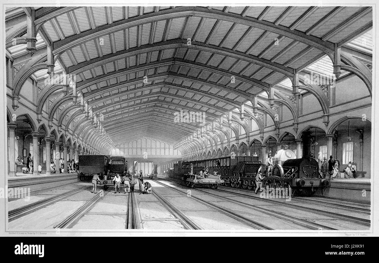 Questo si riferisce a un'incisione raffigurante il capannone ferroviario della stazione ferroviaria di Bristol Temple Meads, un sito storico nel Regno Unito, significativo per la sua architettura vittoriana e il ruolo nella storia delle ferrovie britanniche. Foto Stock