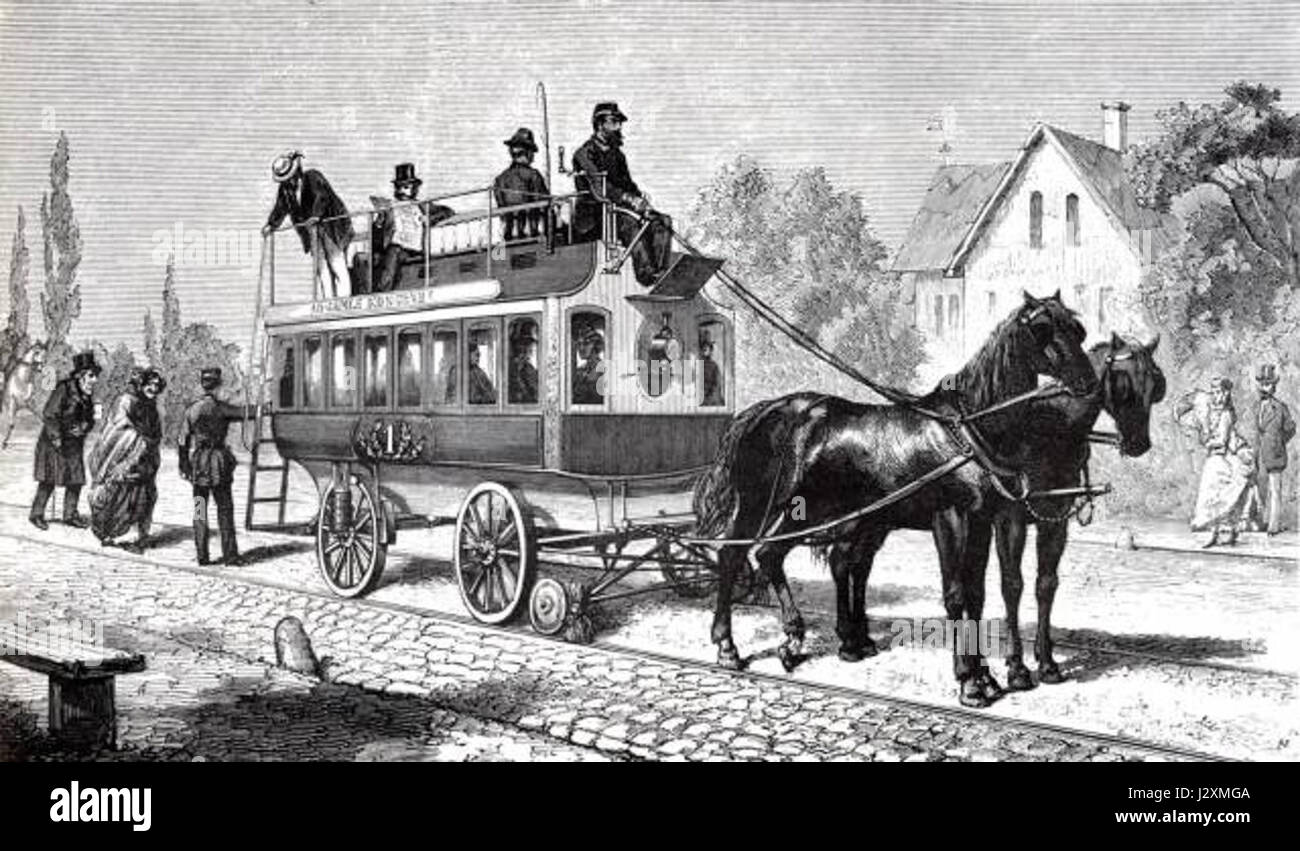 Il tram trainato da cavalli di Adolph Keifler del 1872 è una delle prime forme di trasporto pubblico. Questo tram fu uno sviluppo significativo nella mobilità urbana durante il XIX secolo, fornendo un metodo di trasporto più efficiente nelle città. Foto Stock