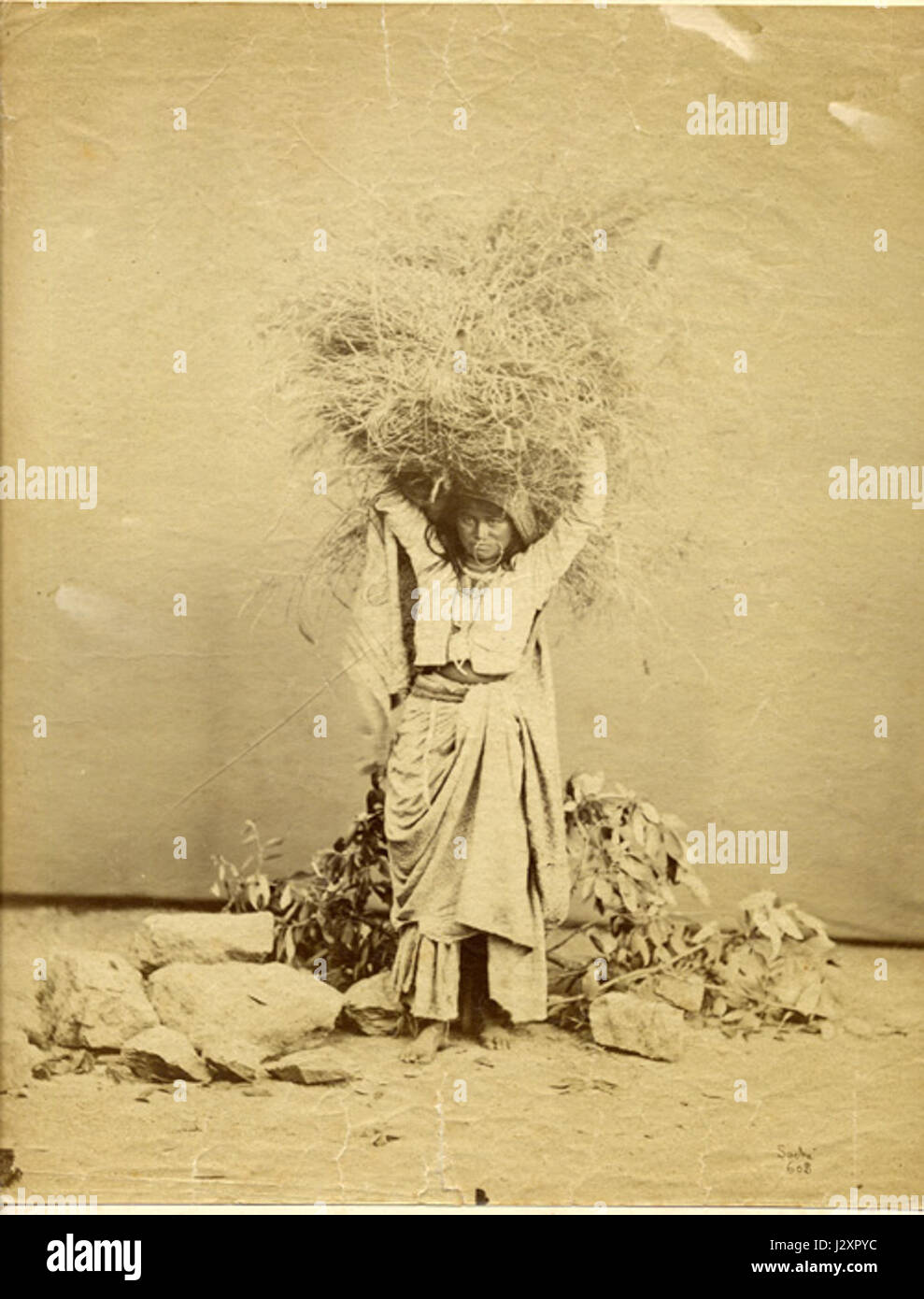 Un albume foto, poste in un studio, di una donna che porta il grano, da Sache, 1880 Foto Stock