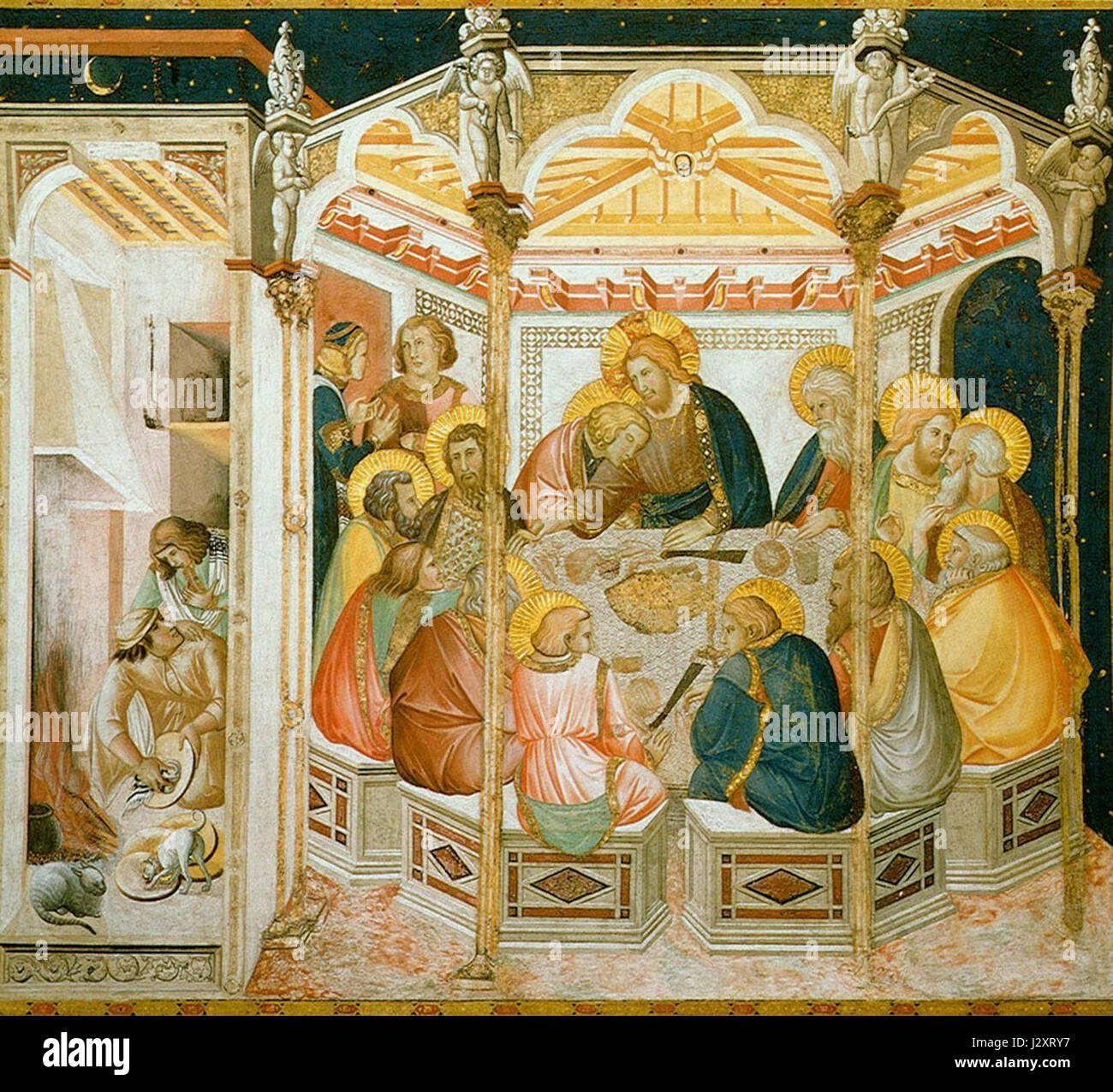 Gli affreschi di Assisi, in particolare l'ultima cena di Pietro Lorenzetti, mostrano una dettagliata rappresentazione della scena biblica. Lo stile di Lorenzettiâ cattura con realismo e profondità temi religiosi tipici dell'arte italiana del XIV secolo. Foto Stock