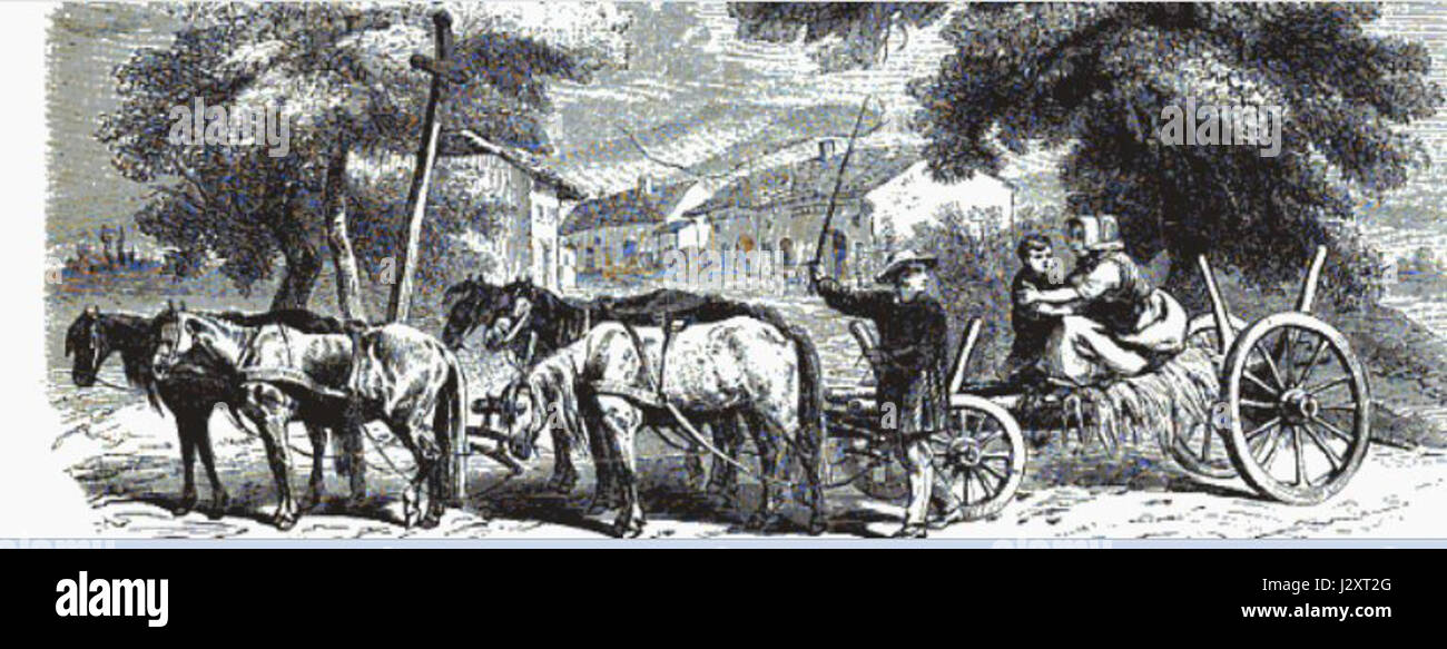 Attelage Lorrain si riferisce alla tradizionale carrozza trainata da cavalli della regione della Lorena, spesso raffigurata in opere d'arte che mostrano l'artigianato e il design della carrozza, popolare nel XVIII e XIX secolo. Foto Stock