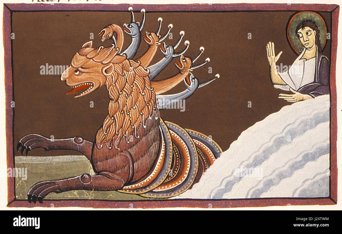 BambergApocalypseFolio032vBeastFromSeaWith7capi Foto Stock