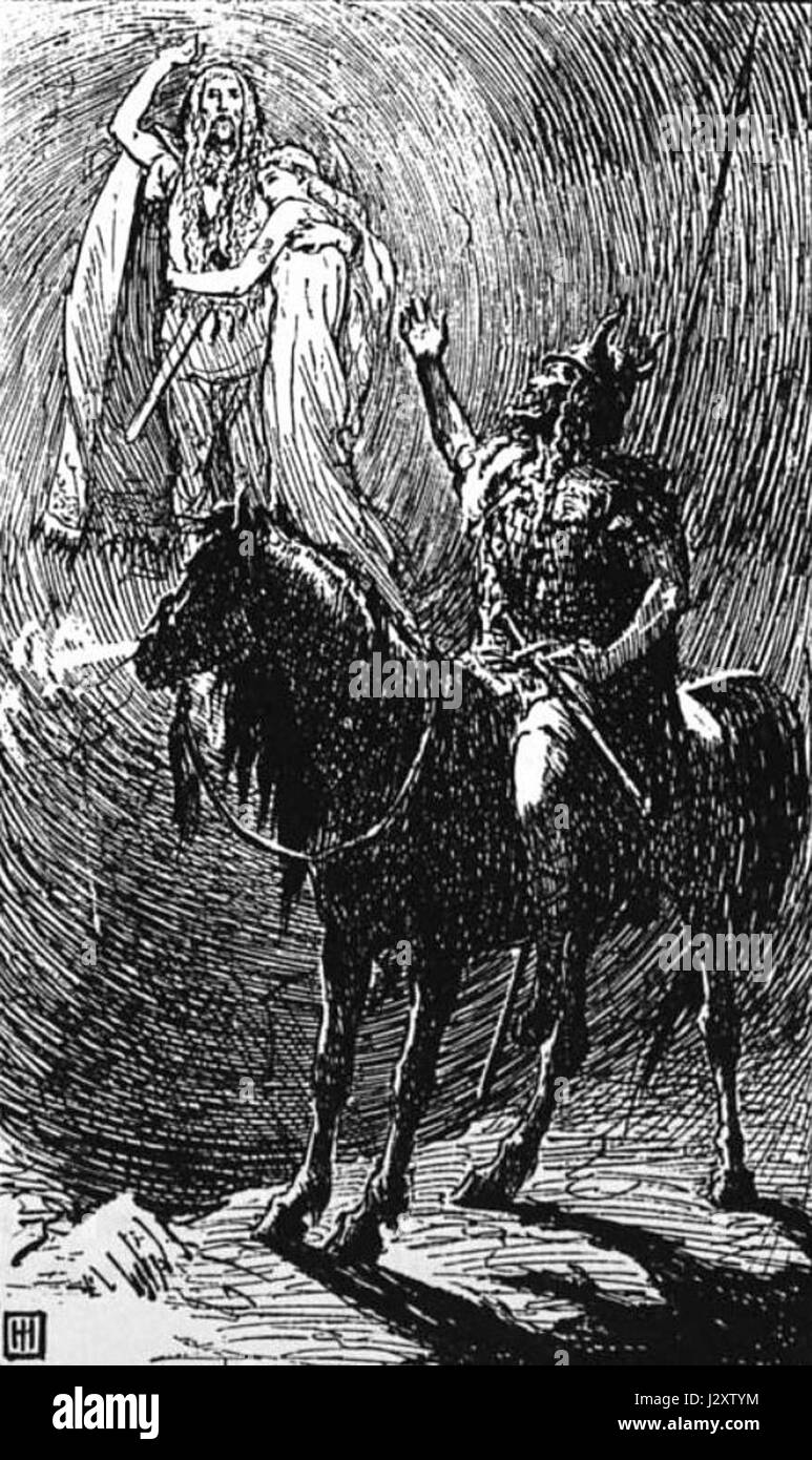 Questa opera o riferimento raffigura figure della mitologia norrena: Balder, il dio della luce, Nanna, sua moglie, e Hermod, il messaggero. La loro storia è centrale nei miti norreni, concentrandosi sui temi dell'amore, della perdita e del destino. Foto Stock