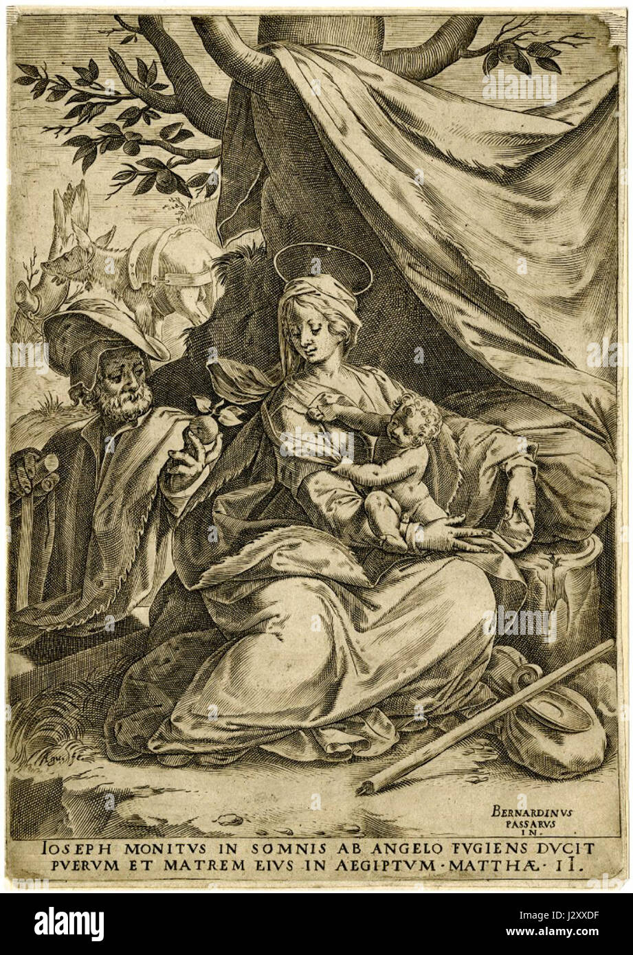 "Huida Egipto" di Bernardino Passeri si riferisce a un'opera d'arte raffigurante la fuga in Egitto, una scena biblica spesso rappresentata nell'arte cristiana, concentrata sulla fuga della Sacra famiglia in Egitto. Foto Stock