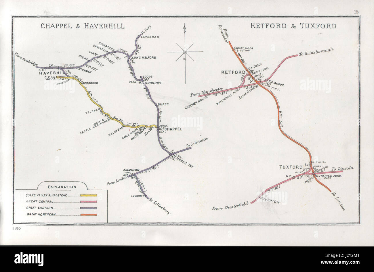 Un'immagine o una mappa che mostra l'area tra Chappel, Haverhill, Retford e Tuxford, che rappresenta una visione storica delle regioni in Inghilterra. Foto Stock