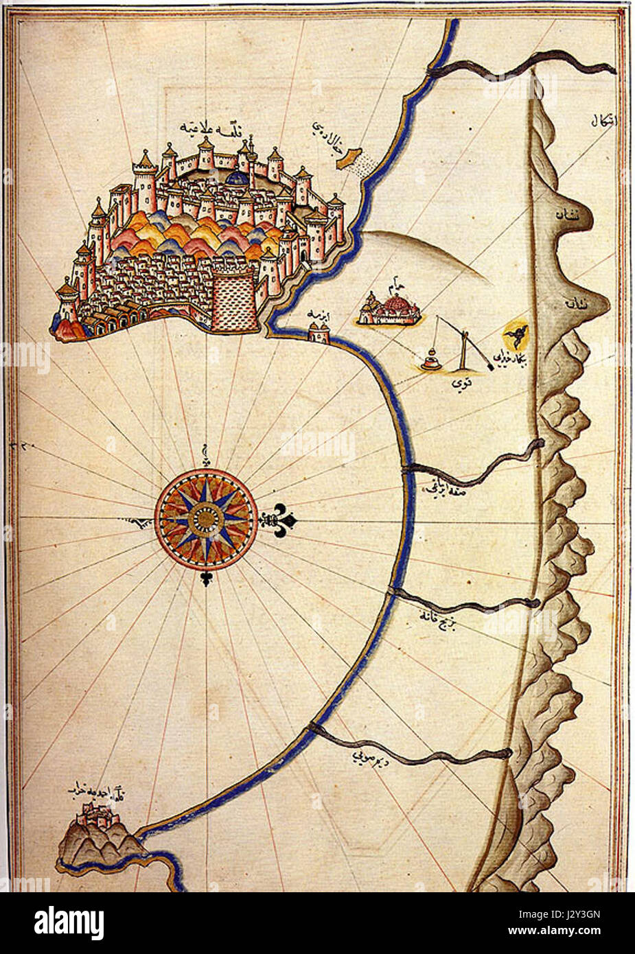 Alanya, una città costiera della Turchia, è presente in questa mappa di Piri Reis, un famoso cartografo ottomano. La mappa offre una vista della posizione geografica della città e della sua importanza come porto mediterraneo durante l'Impero Ottomano. Foto Stock