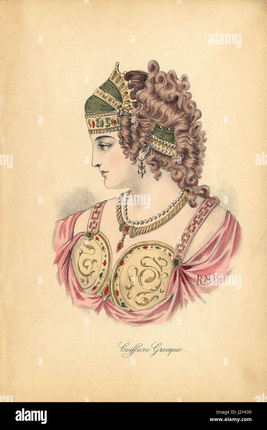Questo album presenta acconciature storiche con descrizioni e illustrazioni dettagliate. Offre approfondimenti sull'evoluzione della moda e delle acconciature, in particolare in diversi periodi storici, e riflette le pratiche culturali intorno all'aspetto personale. Foto Stock