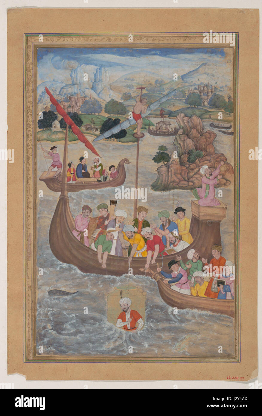 L'immagine di Alessandro che viene abbassato nel mare simboleggia la sua connessione con il mondo divino e naturale. Questa rappresentazione cattura temi del potere, del destino e del divino nell'arte classica. Foto Stock