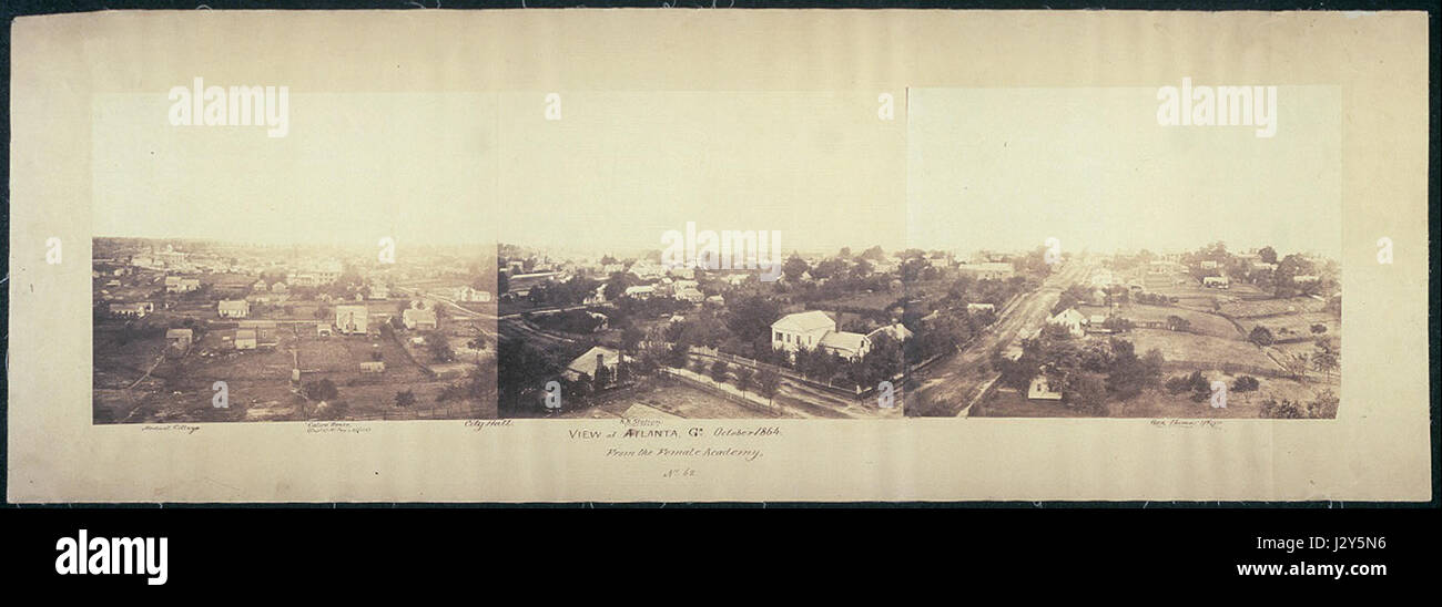 Una mappa storica di Atlanta, Georgia, nel 1864, durante la guerra civile americana, raffigurante la struttura della città e le caratteristiche principali di quel tempo. Foto Stock