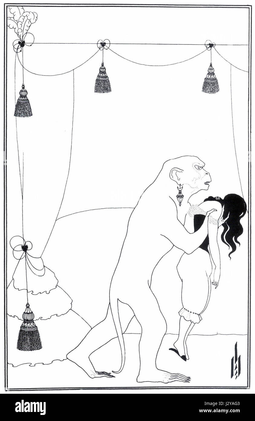 L'illustrazione di Aubrey Beardsley per le opere di Edgar PoE mostra il suo caratteristico stile di line art in bianco e nero. Questo pezzo riflette il distinto contributo di Beardsley alle arti visive durante la fine del XIX secolo. Foto Stock