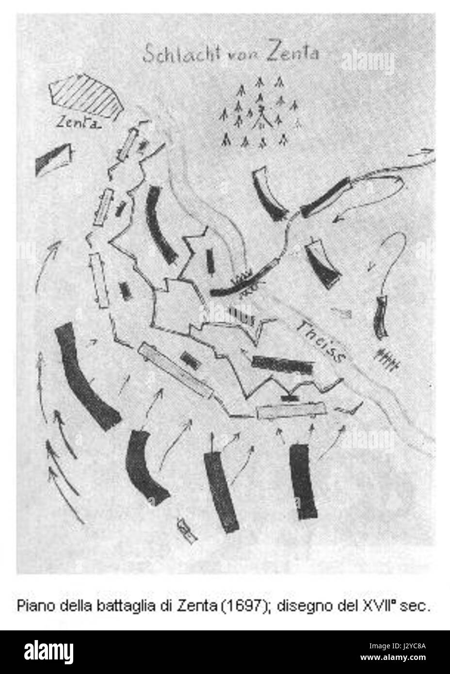 La battaglia di Zenta, combattuta nel 1697, fu una vittoria decisiva dell'Impero asburgico sull'Impero ottomano. Alterò significativamente l'equilibrio di potere nell'Europa centrale, indebolendo l'influenza ottomana nella regione. Foto Stock