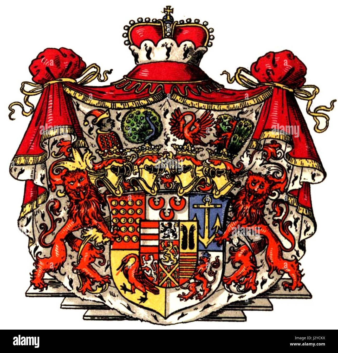 Lo stemma Bentheim-Steinfurt è un emblema della nobile famiglia, che simboleggia il loro patrimonio e il loro significato storico nella regione di Bentheim-Steinfurt, in Germania. Foto Stock