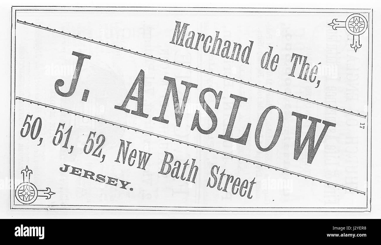 Un annuncio dell'Almanach Chronique de Jersey del 1892 con il tè di Anslow, accompagnato da un'immagine di una carrozza trainata da cavalli. Foto Stock