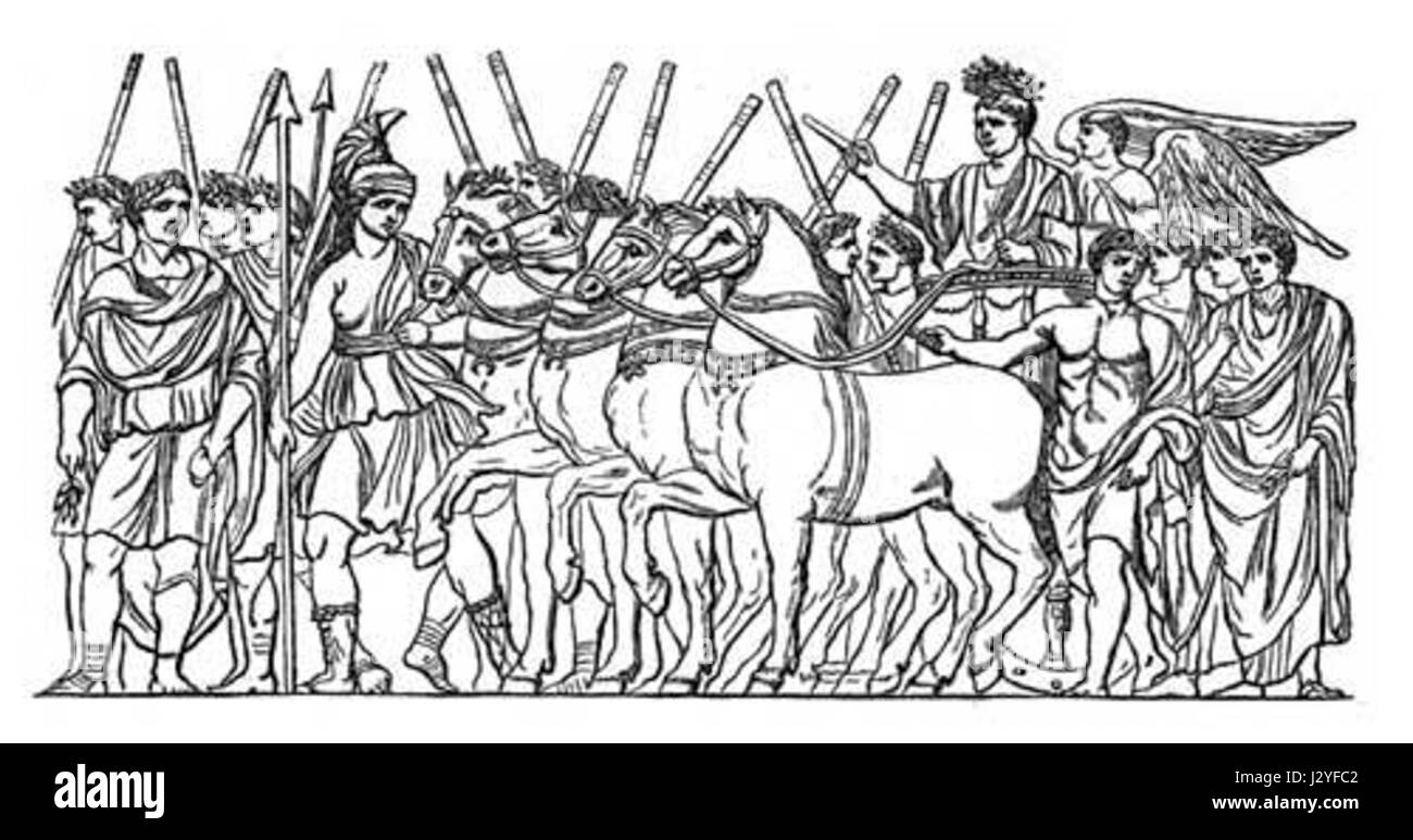 L'Arco di Tito, una monumentale scultura in rilievo dell'antica Roma, raffigura il trionfo dell'imperatore Tito dopo la sua vittoria nella guerra ebraica. Il rilievo presenta scene di soldati romani che trasportano bottini di guerra, tra cui la Menorah del secondo Tempio di Gerusalemme, che simboleggia il dominio imperiale di Romeâ. Foto Stock