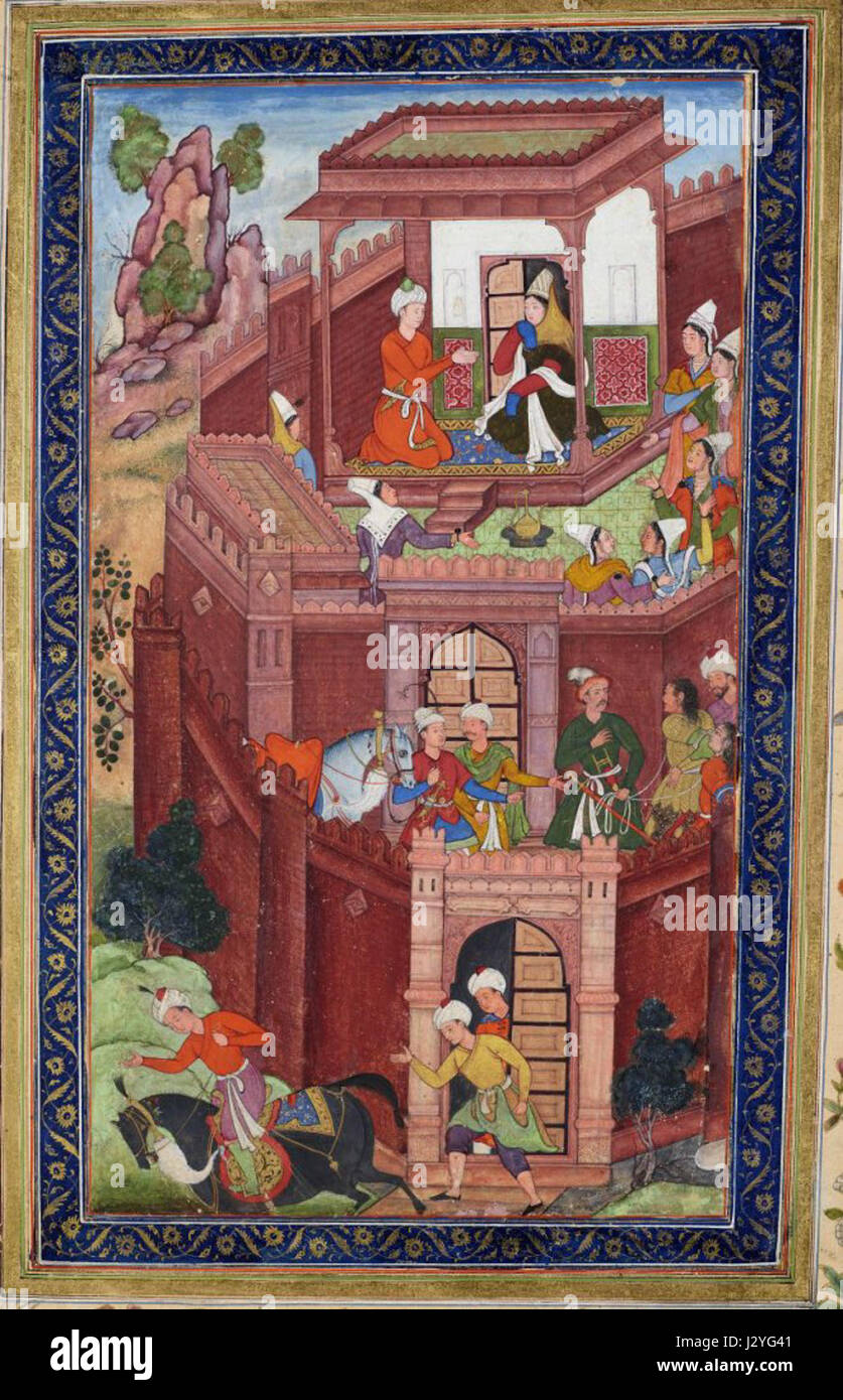 Questa scena storica raffigura Babur, il fondatore dell'Impero Moghul, che chiede Consiglio a sua nonna. L'immagine riflette un momento chiave della sua giovinezza, offrendo una visione delle sue relazioni familiari e del contesto culturale della dinastia Moghul. Foto Stock