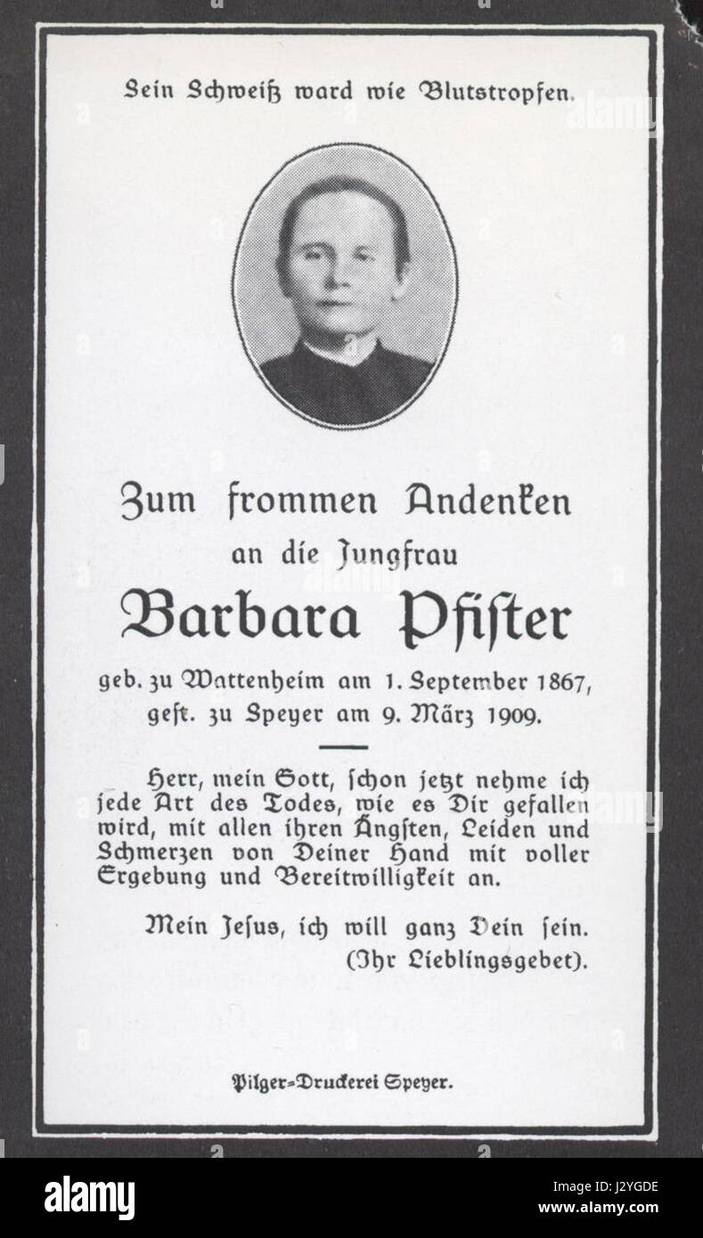 Barbara Pfister Sterbebild si riferisce a un biglietto commemorativo o a un'immagine che commemora la morte di Barbara Pfister, probabilmente una figura storica o un memoriale personale. Foto Stock