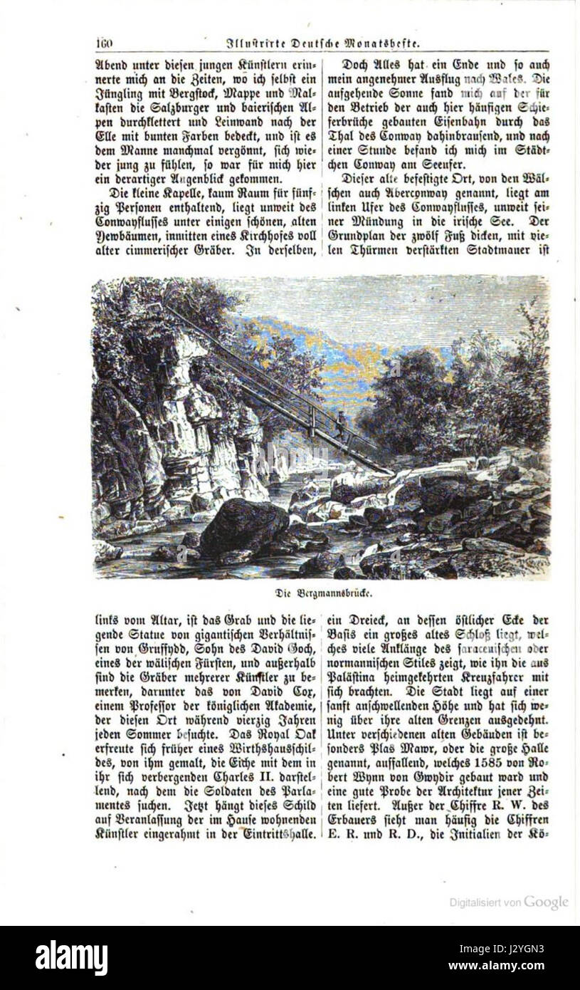 BergmannsbrÃ¼cke, noto anche come Miner Bridge, si estende sull'Afon Llugwy vicino a Betws-y-Coed in Snowdonia, Galles del Nord. Questo ponte storico, costruito nel 1870, è descritto in "Westermanns Monatshefte, Band 30, Seite 160". Foto Stock