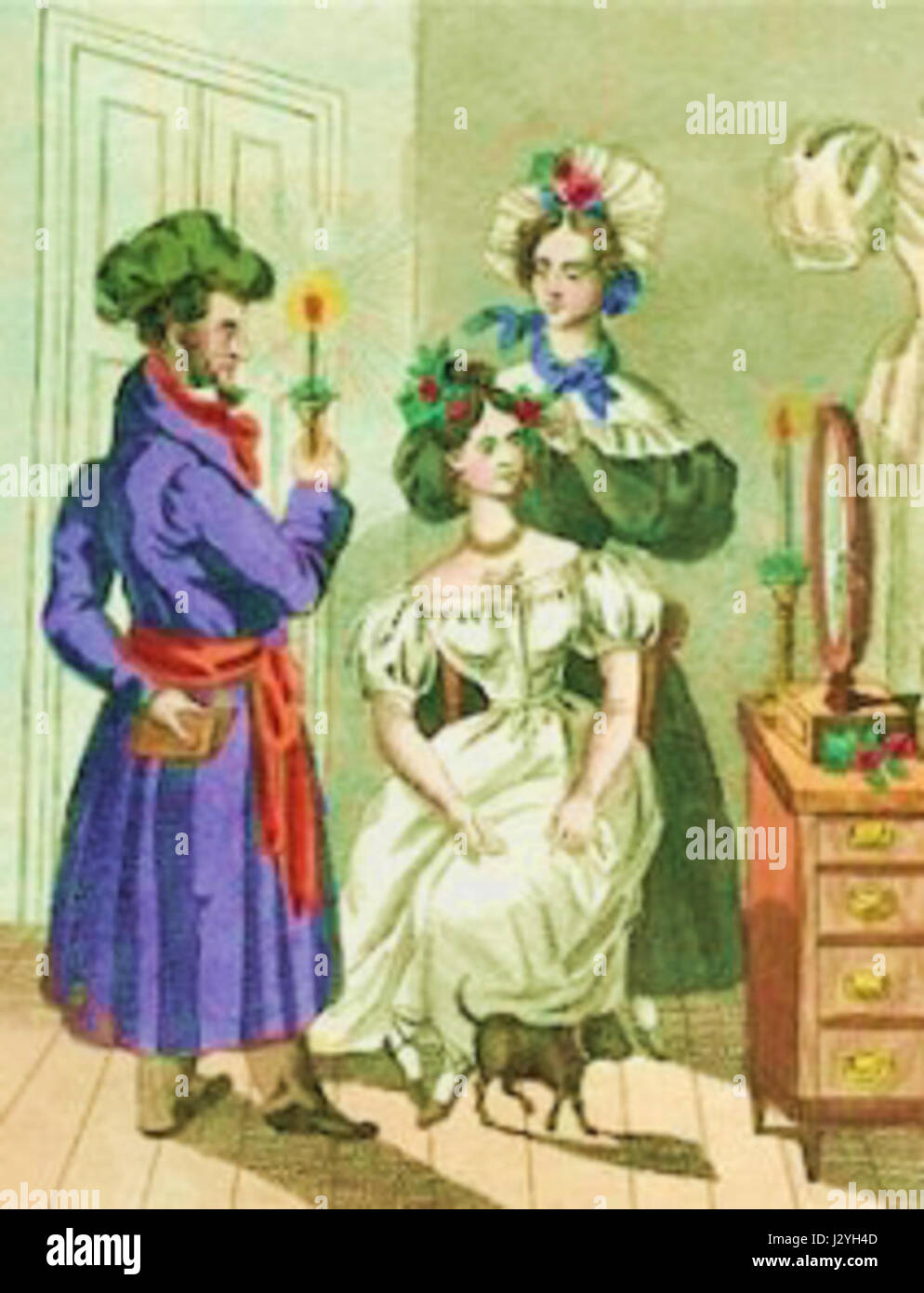 Una rappresentazione della moda Biedermeier, uno stile che emerse nell'Europa centrale all'inizio del XIX secolo, caratterizzato da design semplici ma eleganti, focalizzati sul comfort e la praticità. Foto Stock