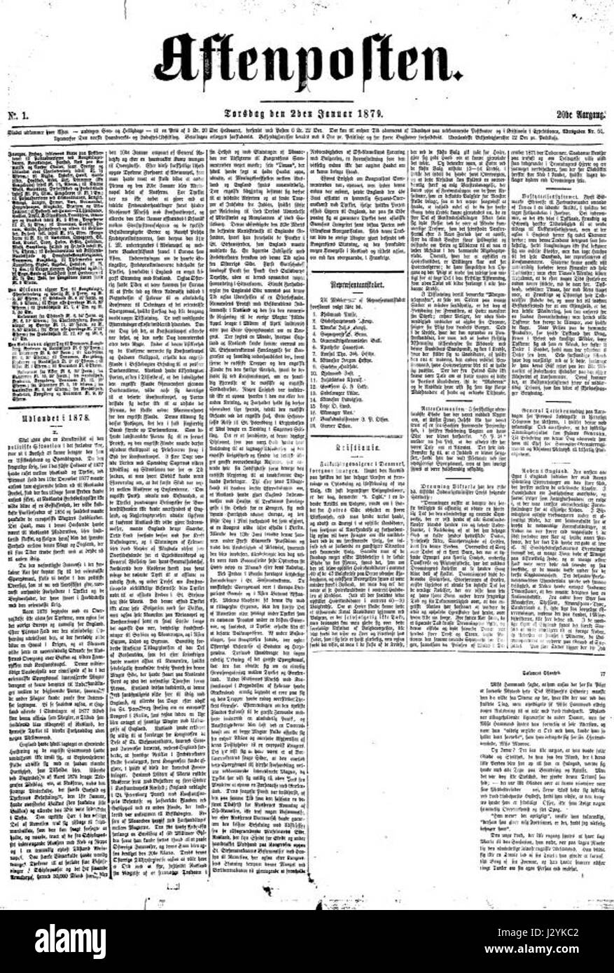 Aftenposten, un giornale norvegese, pubblicato il 2 gennaio 1879, presentava probabilmente importanti eventi di notizie sulla sua prima pagina, riflettendo il contesto storico e le questioni di quel tempo. Foto Stock