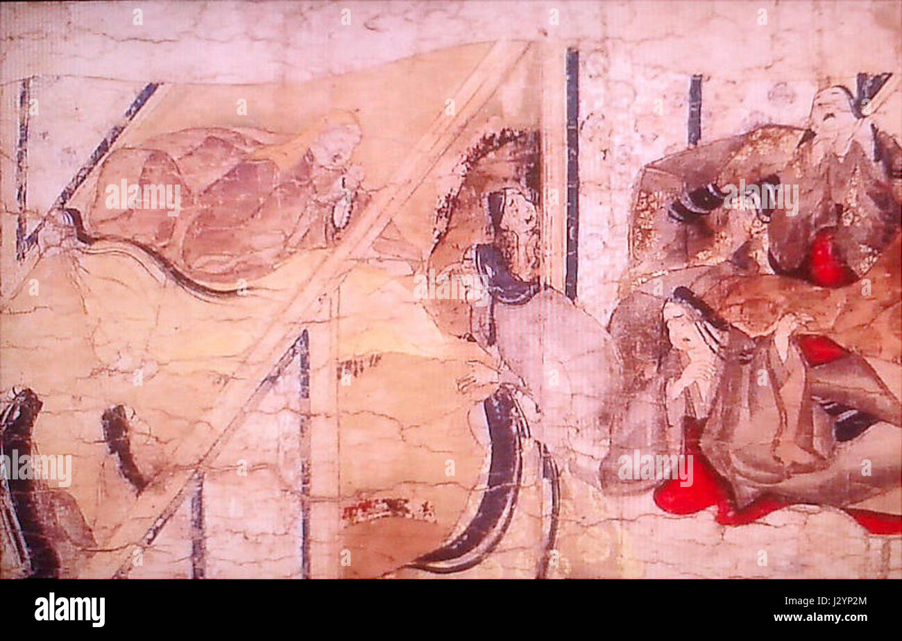 "Ban Dainagon Ekotoba" è una pergamena giapponese del XII secolo che illustra gli eventi della cospirazione Ōtenmon del 866, dove il cortigiano Ban Dainagon (Tomo no Yoshio) ha dato fuoco al cancello del Palazzo Imperiale e ha falsamente accusato il ministro Minamoto no Makoto. Il rotolo raffigura il suo arresto e l'esilio, servendo come racconto di ammonimento contro false accuse. Foto Stock