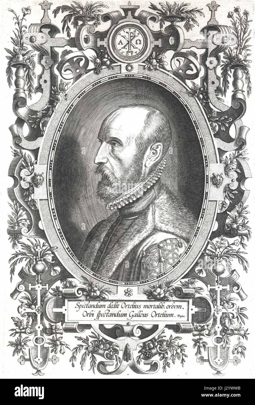 Abraham Ortelius fu un rinomato cartografo del XVI secolo, noto per aver creato il primo atlante moderno, "Theatrum Orbis Terrarum", che influenzò significativamente il campo della cartografia. Foto Stock
