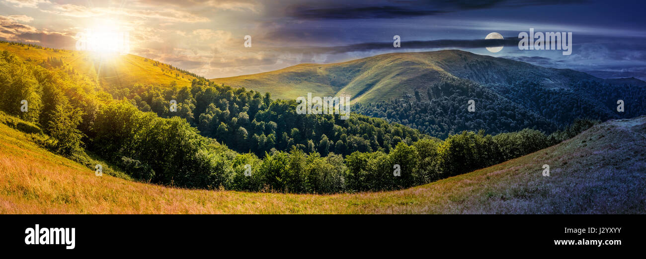 Di giorno e di notte il concetto di modifica. immagine composita della panoramica paesaggio estivo. collina prato vicino alla foresta nelle montagne dei Carpazi Foto Stock