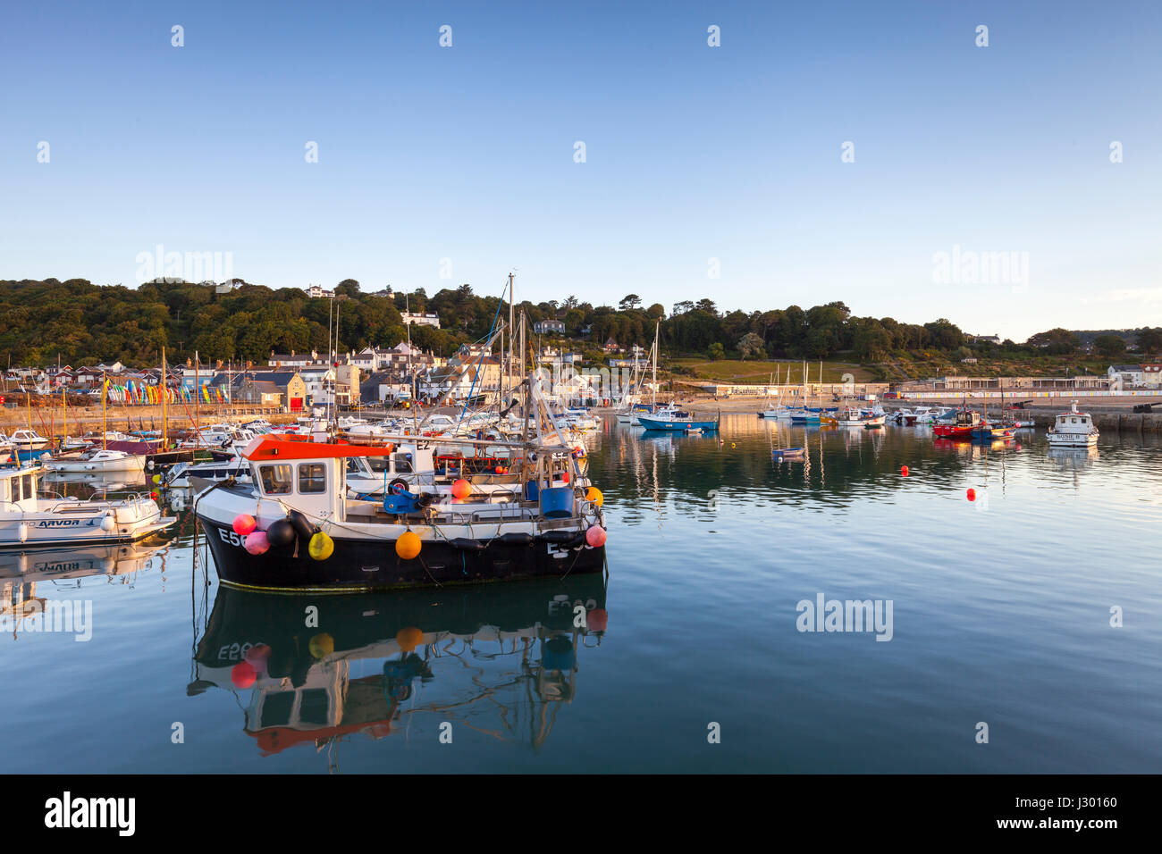 Barca da pesca ed altre imbarcazioni ormeggiate in Lyme Regis harbour nel Dorset, Regno Unito. Mare calmo e cielo blu con marea alta. Foto Stock