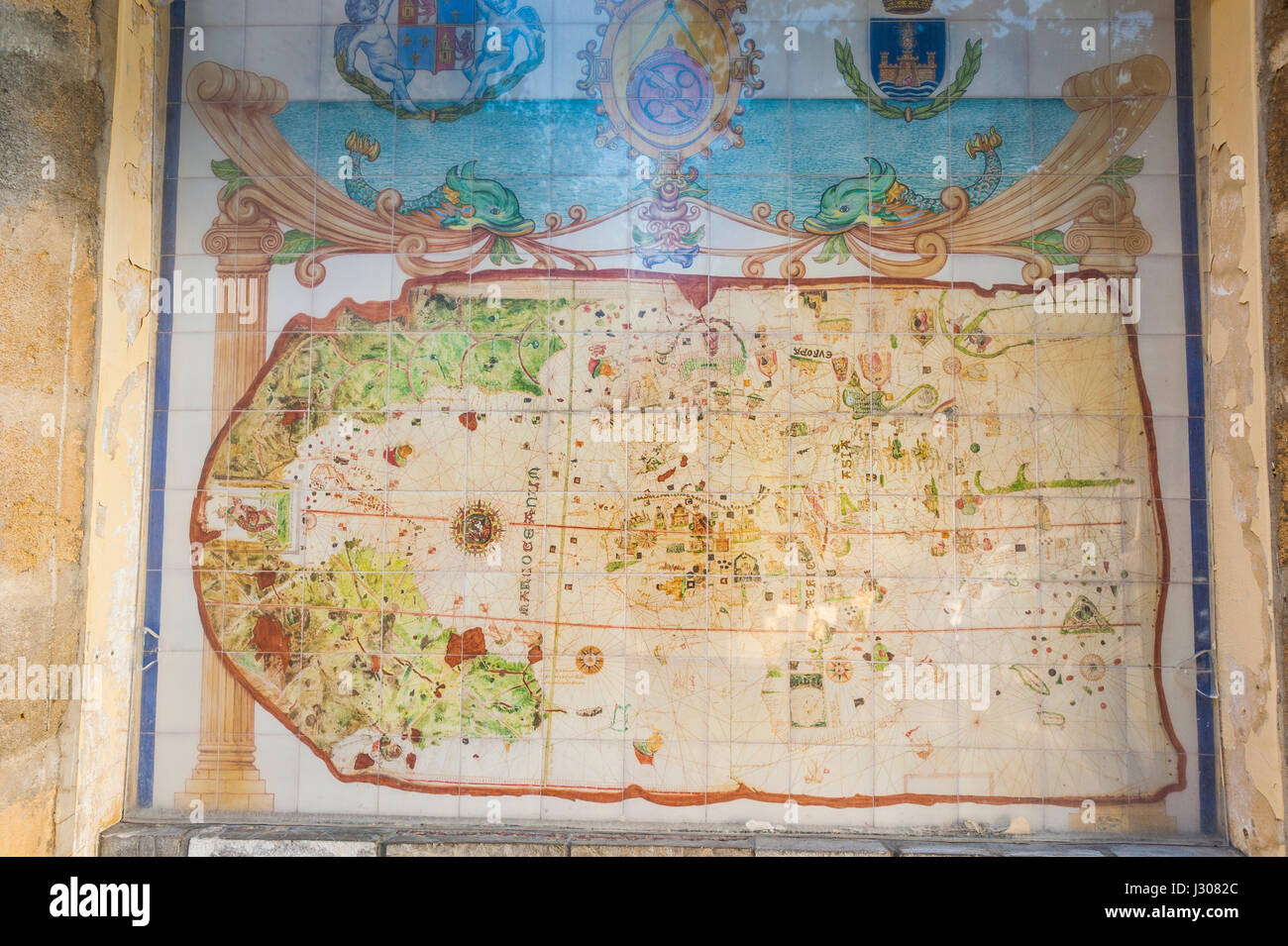 Storico mappa mondiale del 1500 dalla gente di mare Juan de la cosa, El Puerto de Santa Maria, provincia di Cádiz, Andalucía, Spagna Foto Stock