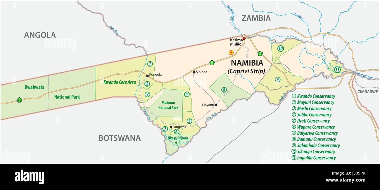 Parco nazionale e conservancy mappa di la Caprivi Strip nel nord est della Namibia Illustrazione Vettoriale