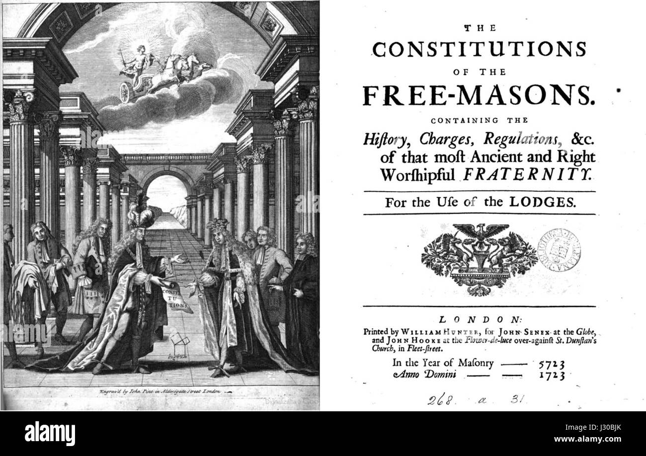 Le costituzioni di Anderson si riferiscono a un testo fondamentale in Massoneria, scritto da James Anderson nel 1723. Essa delinea le regole e i regolamenti per le logge massoniche, dando forma in modo significativo alla massoneria moderna. Foto Stock