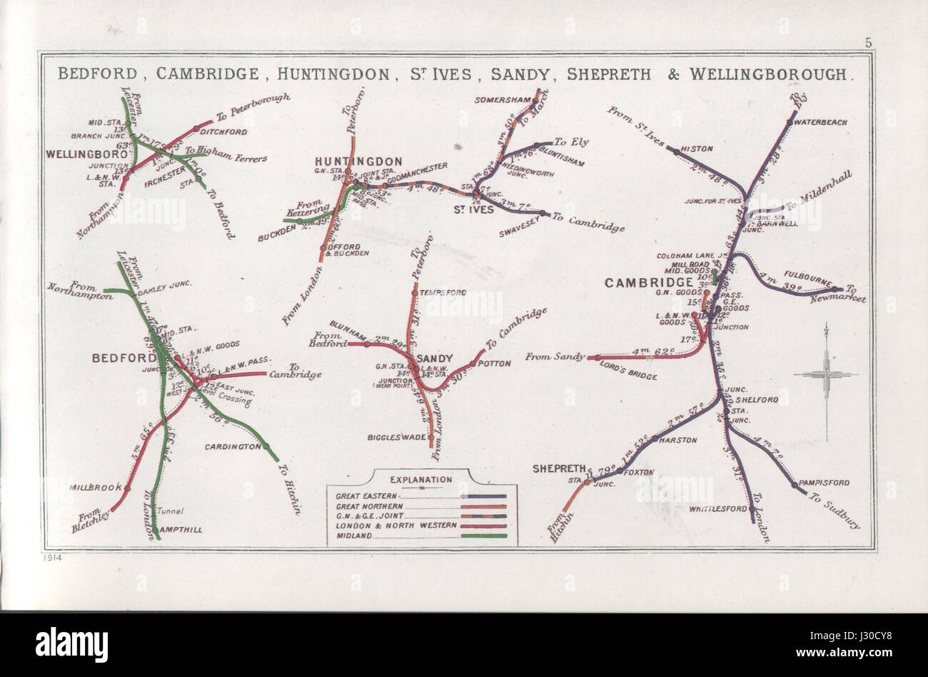 Una mappa o un rapporto di varie città nella regione orientale dell'Inghilterra, concentrandosi su Bedford, Cambridge e altre città significative, evidenziando le infrastrutture e lo sviluppo della regione. Foto Stock