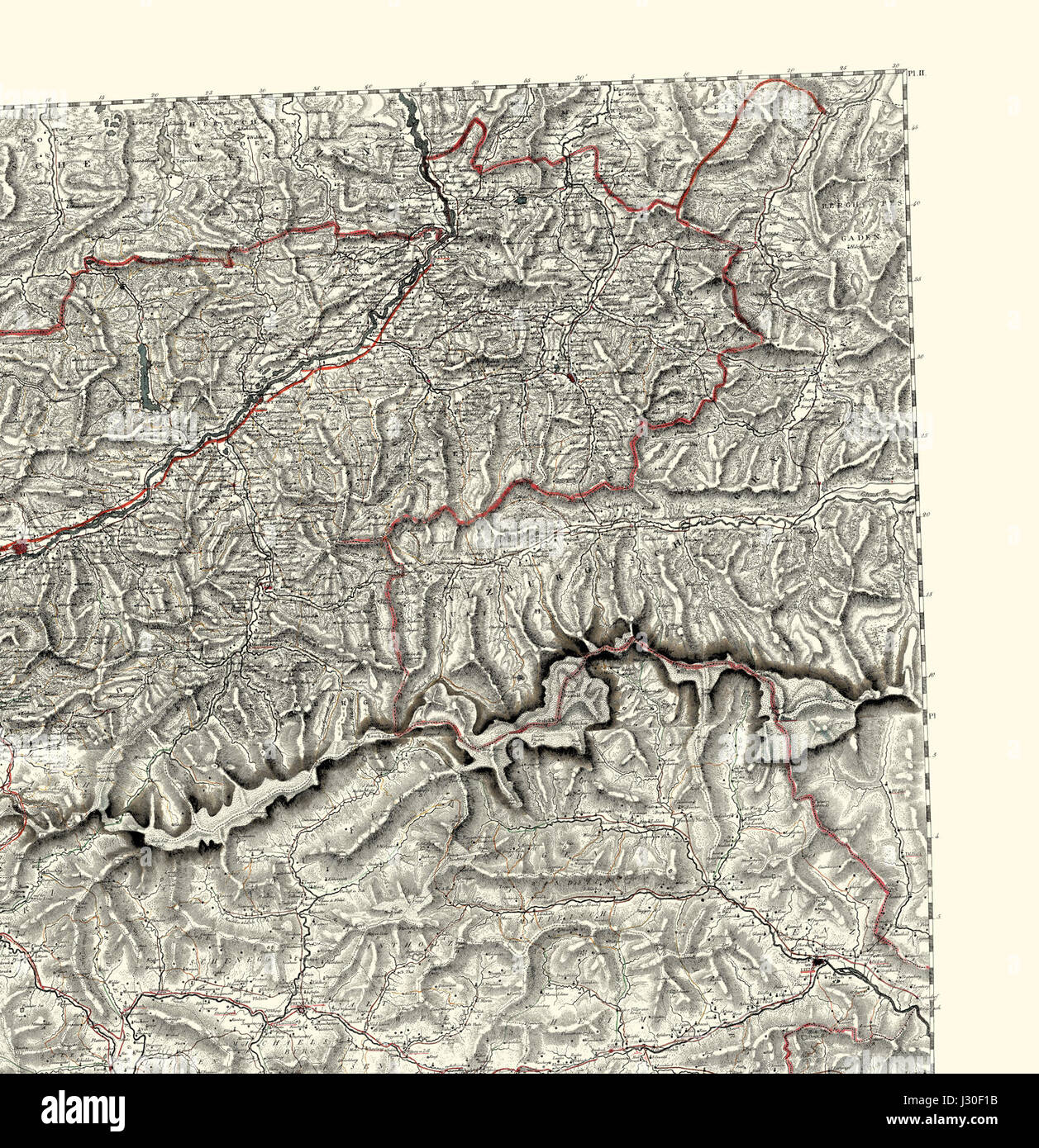 Questa mappa topografica del Tirolo offre informazioni geografiche dettagliate sulla regione, tra cui montagne, fiumi e insediamenti, mostrando il suo paesaggio fisico. Foto Stock