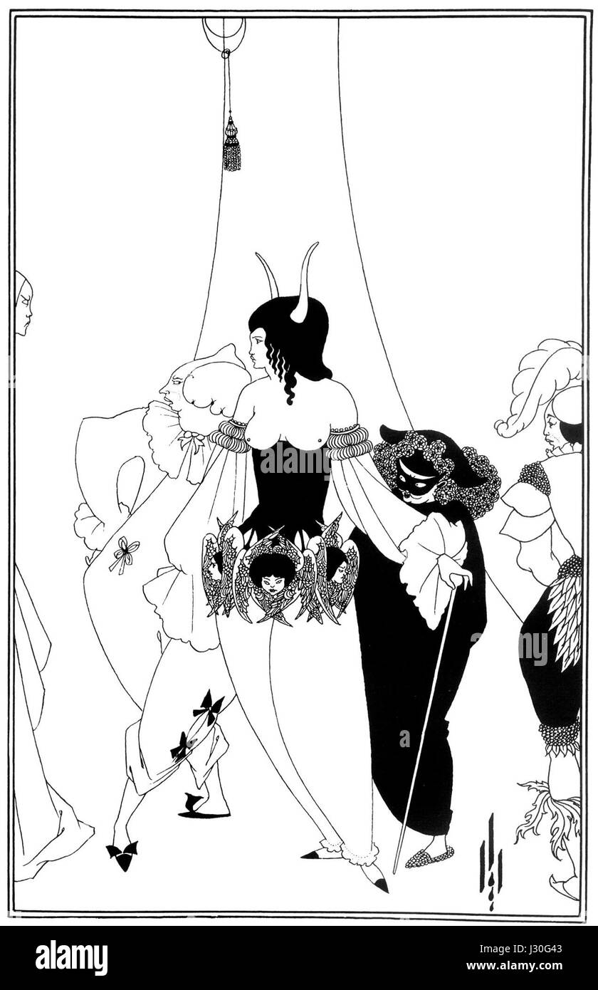 L'illustrazione di Aubrey Beardsley per il lavoro di Edgar Allan PoE cattura l'atmosfera macabra e gotica che definisce la scrittura di PoE. Lo stile di Beardsley è noto per la sua intricata arte in linea in bianco e nero, che esalta i temi oscuri delle storie di PoE. Foto Stock