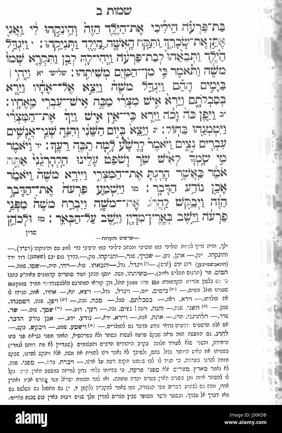 Una pagina del Binas Miqra, in particolare Shemos Page 3b, un testo religioso ebraico. Fornisce approfondimenti sugli insegnamenti e le interpretazioni della Torah, offrendo una prospettiva accademica sui versetti biblici. Foto Stock