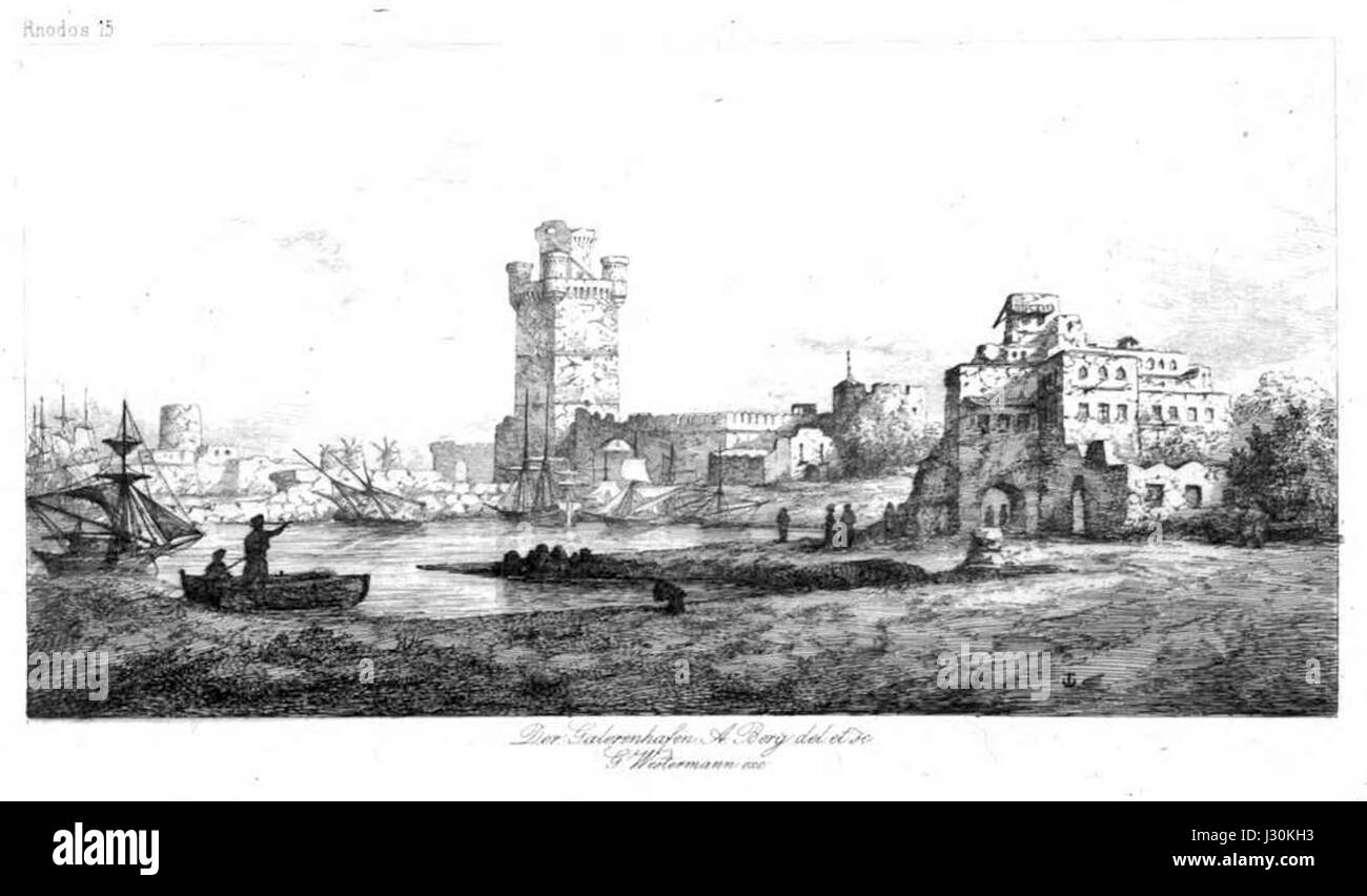 "Der Galeerenhafen" è un'opera di Berg Rhodus, incentrata su una scena storica di un porto di galea. Il pezzo riflette la storia marittima, la vita portuale e il ruolo dei porti nel commercio e nei trasporti antichi. Foto Stock