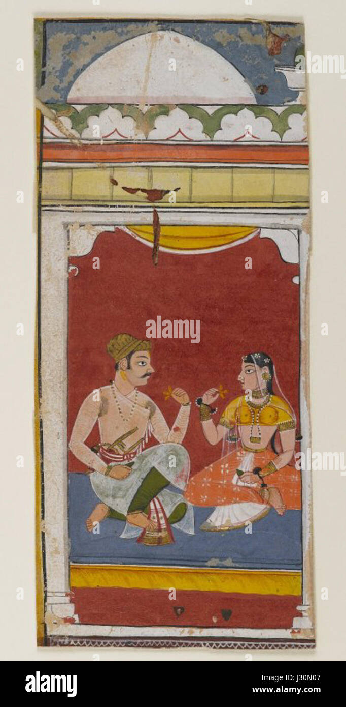 Una pagina della serie Ragamala, presentata al Brooklyn Museum, mette in evidenza l'arte tradizionale indiana, raffigurando scene della mitologia indù attraverso dipinti in miniatura. Foto Stock